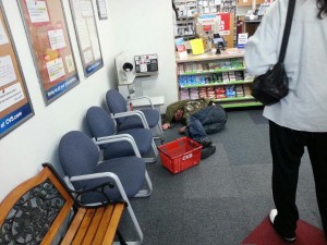 This actually happened in my store on Christmas Day 2013.  Drunk guy passed out in front of pharmacy.   Customer in line: "Get out of the way, I need my Valium."